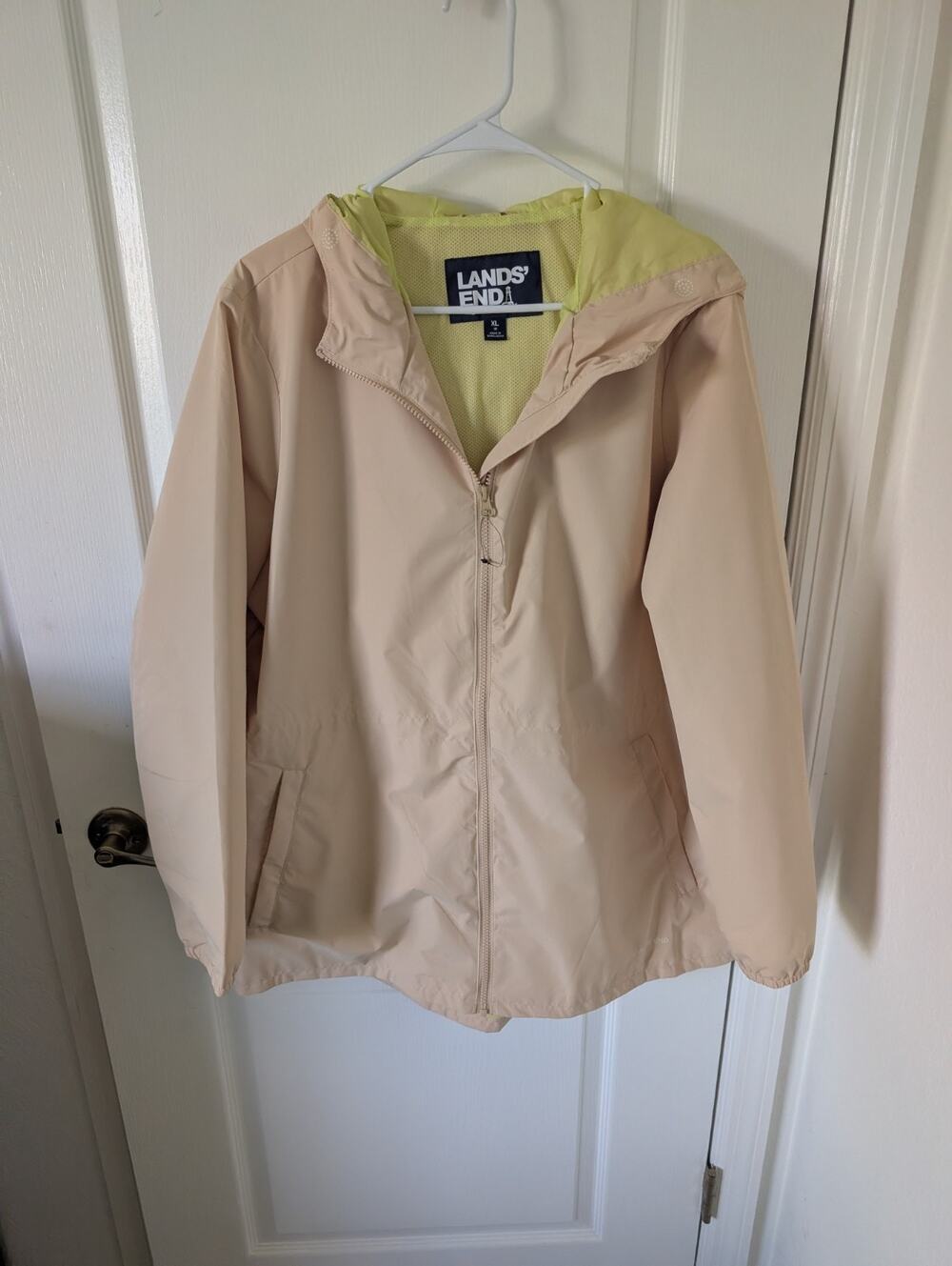 Lands' End Packable Rain Jacket w/ Compact Storage Bag, Cream color, XL